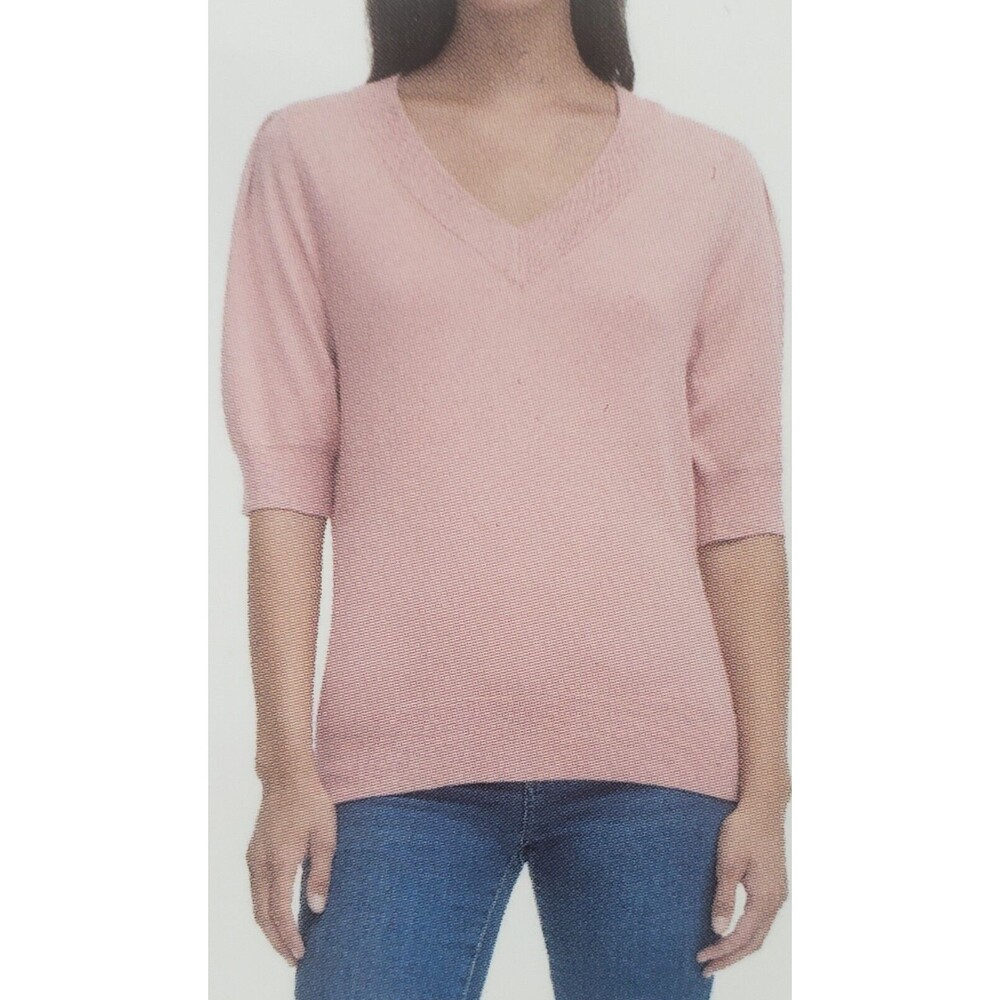 DKNY Women's Modern Fit V Neck Puff Sleeve Sweater